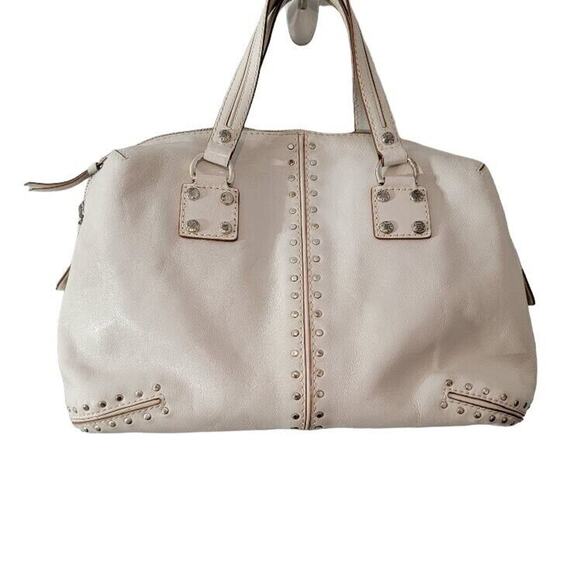 RARE MICHAEL KORS Duffle Handbag Leather Ivory Satchel Silver Stud Medium - Picture 1 of 15